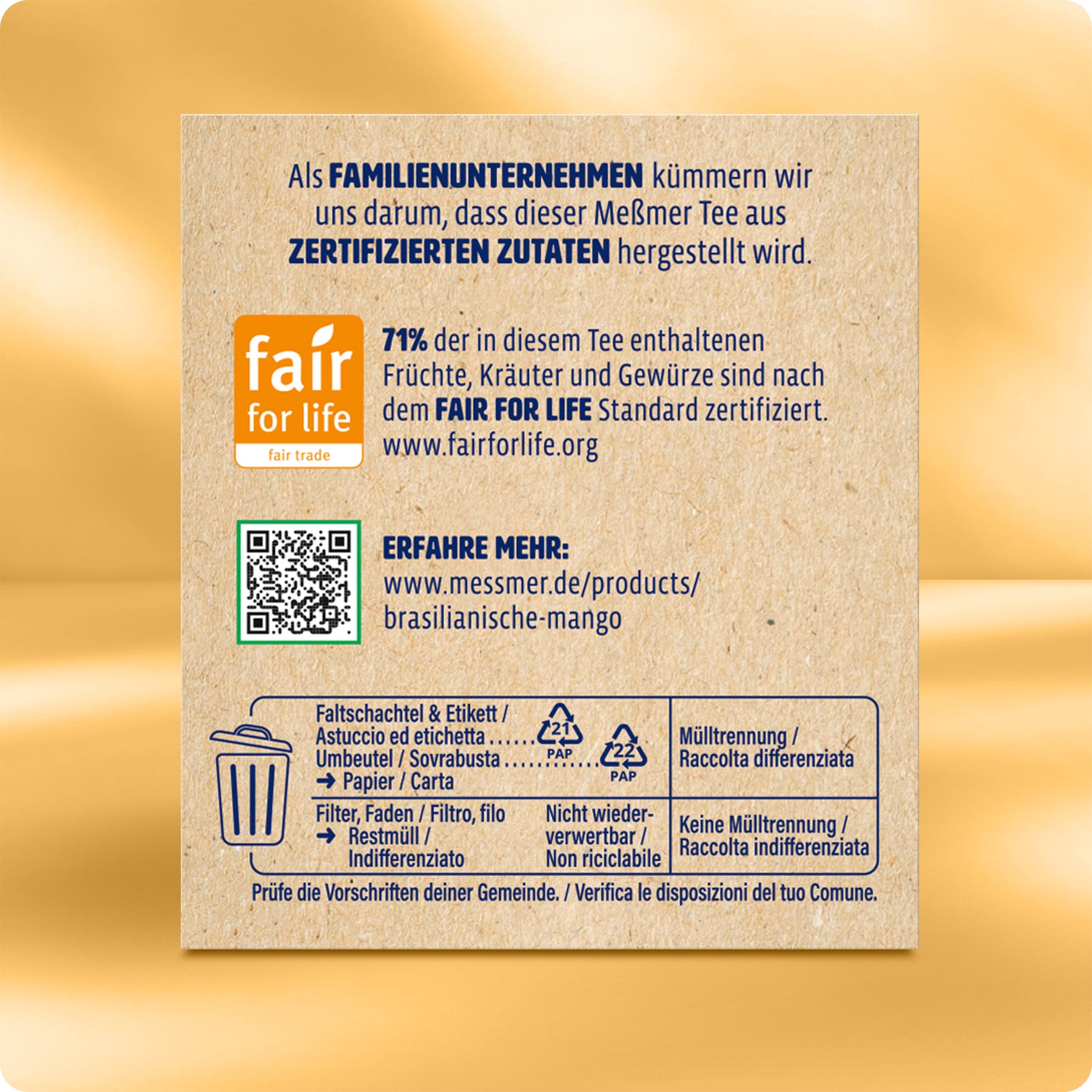 Rückseite der Verpackung von Brasilianische Mango mit Informationen zur Herstellung als Familienunternehmen, Nutzung von zertifizierten Zutaten gemäß FAIR FOR LIFE Standard, QR-Code für weitere Produktdetails sowie Hinweise zur Mülltrennung.