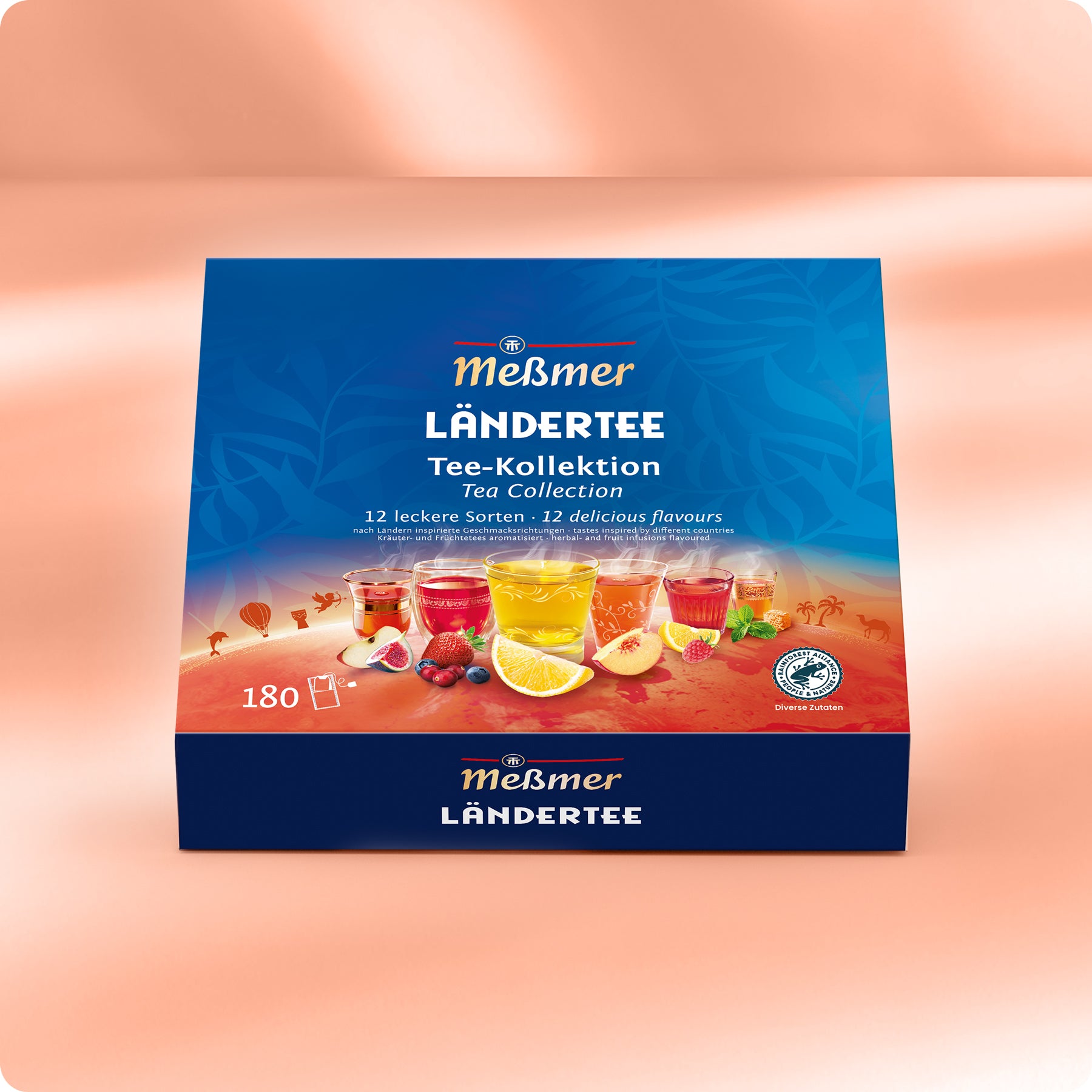 Eine Meßmer DE Ländertee Collection Box mit 12 leckeren Geschmacksrichtungen, Teegläsern mit Früchten und Gewürzen in blau-orangem Design. Enthält Früchtetee im Teebeutel für Frische mit Aromaschutzkuvert.