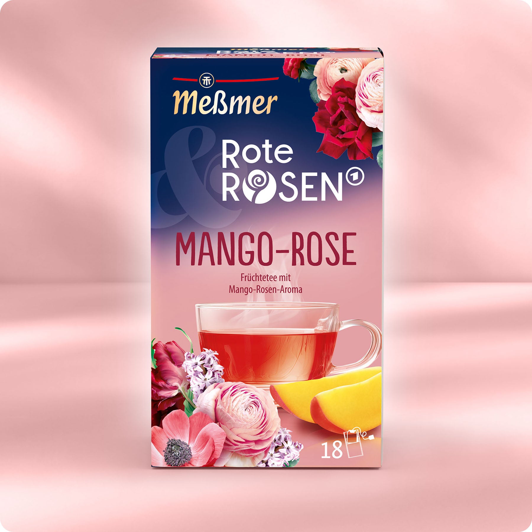 Eine Schachtel Meßmer DE Mango-Rose Früchtetee mit dem einladenden Bild eines Glases Tee.