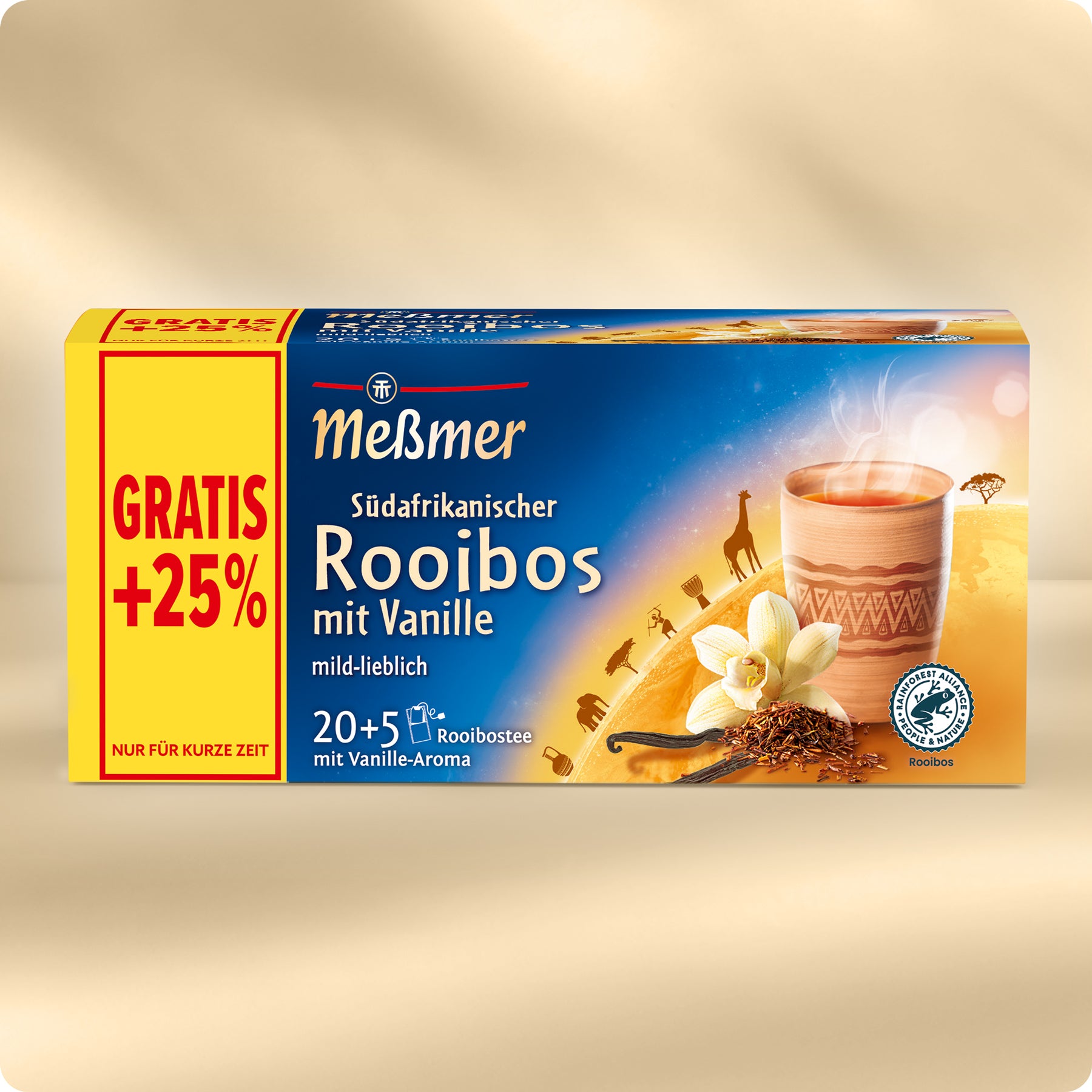 Schachtel Meßmer Südafrikanischer Rooibos mit Vanilletee, mit 25% extra frei. Die Verpackung zeigt eine dampfende Tasse Tee, Vanilleblüten, Rooibosblätter und Silhouetten afrikanischer Wildtiere.