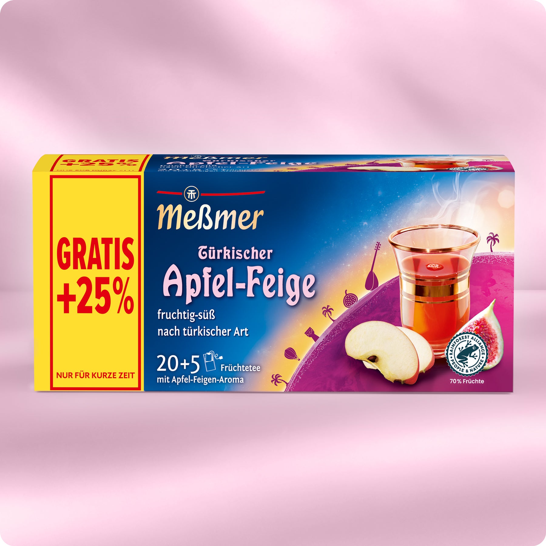 Eine Schachtel Meßmer Türkischer Apfel-Feige Früchtetee mit Apfel- und Feigengeschmack, die auf der Vorderseite ein Glas mit Tee, Apfelscheiben und Feigen zeigt. Auf einem gelben Etikett steht in roter Schrift GRATIS +25%.