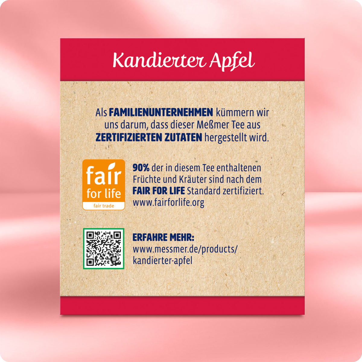 Informationstext zur Transparenz und Fairtrade-Standards von Kandierter Apfel mit QR-Code vor rosa Hintergrund.