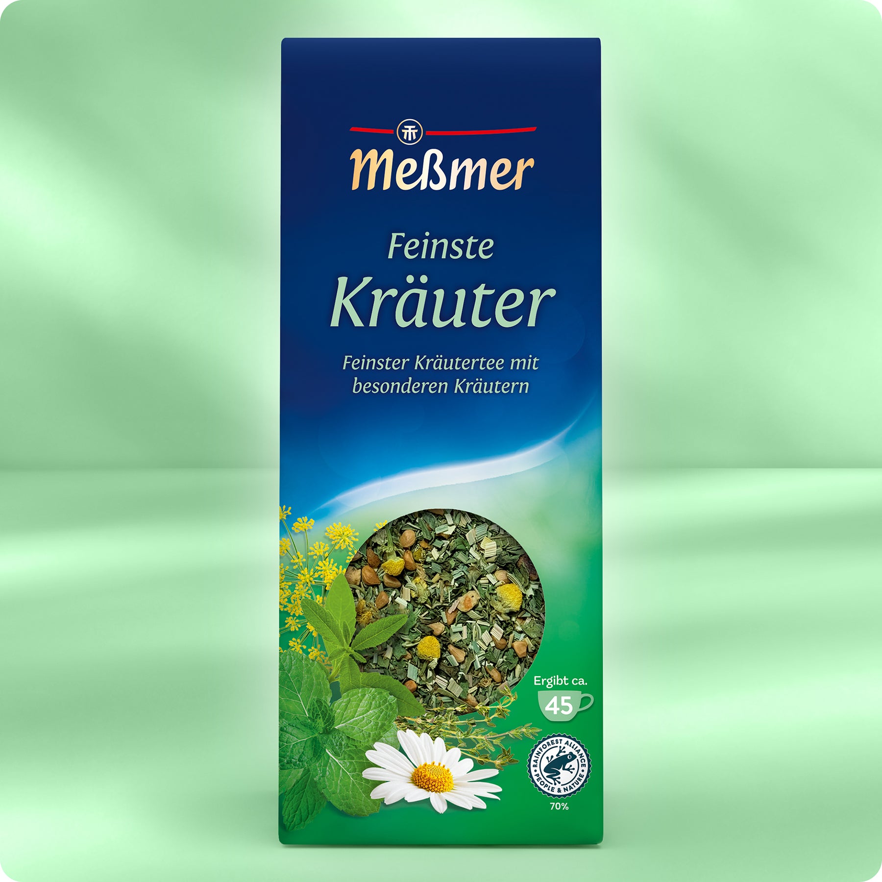 Eine Kiste Meßmer DE Kräuter Tee, fachmännisch gemischt für ein erfrischendes und aromatisches Kräutertee-Erlebnis.