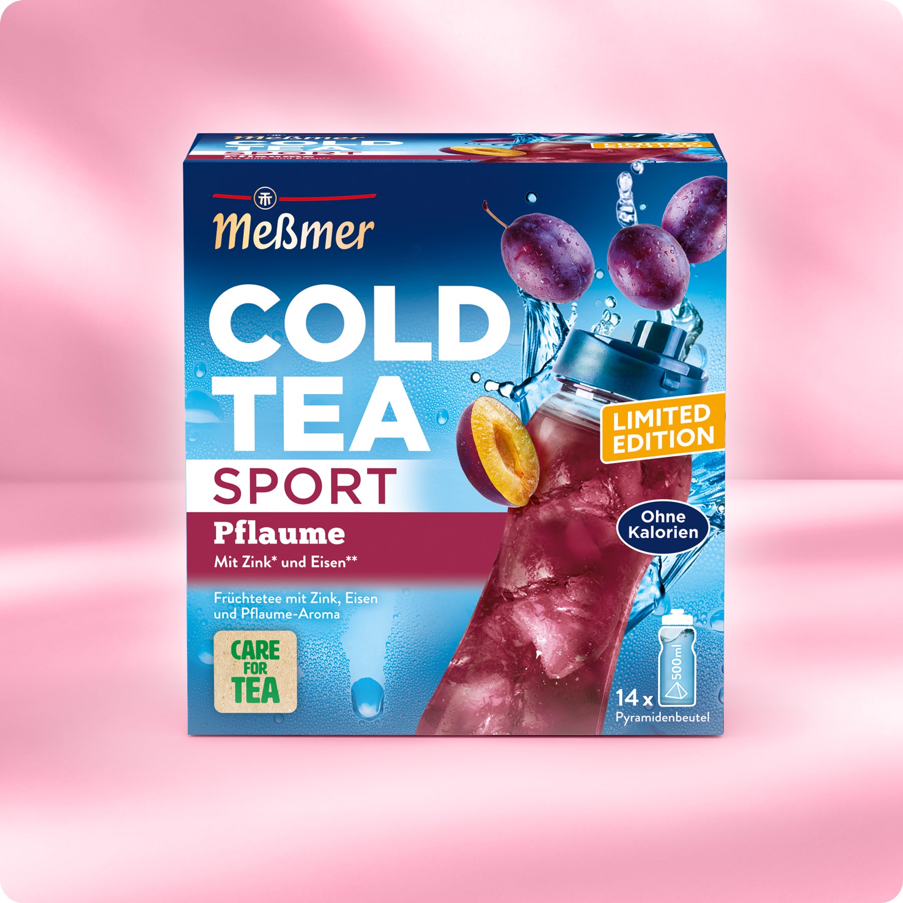 Verpackung von Cold Tea Pflaume Sport mit Pflaumenmotiv, eisgekühltem Getränk und Hinweis auf Limited Edition sowie kalorienfreies Produkt ohne Zuckerzusatz.