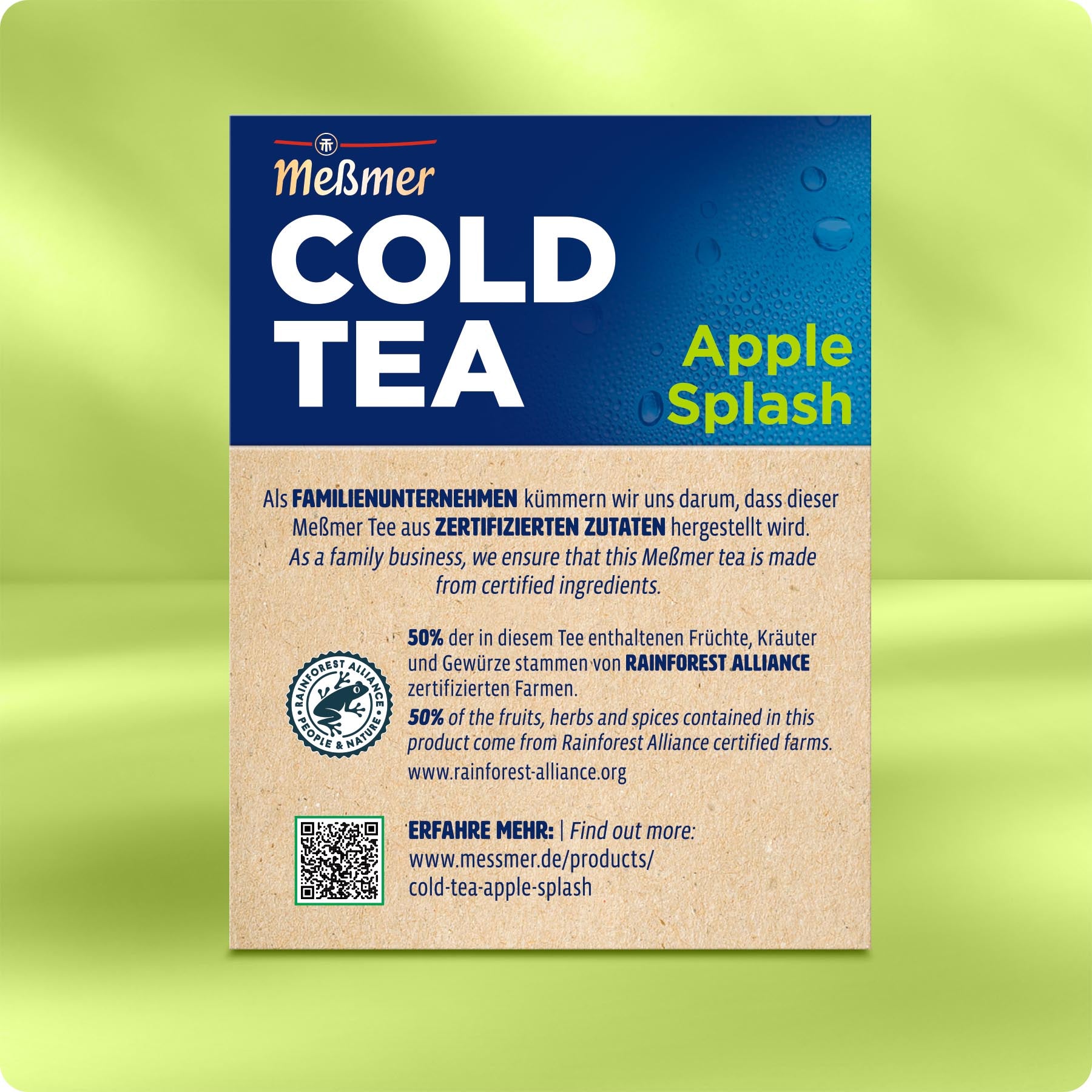 Rückseite der Verpackung von Cold Tea Apple Splash mit Hinweisen auf die Verwendung von zertifizierten Zutaten aus Rainforest Alliance-zertifizierten Plantagen, Angaben zum Frucht- und Kräuteranteil sowie QR-Code für weitere Informationen.