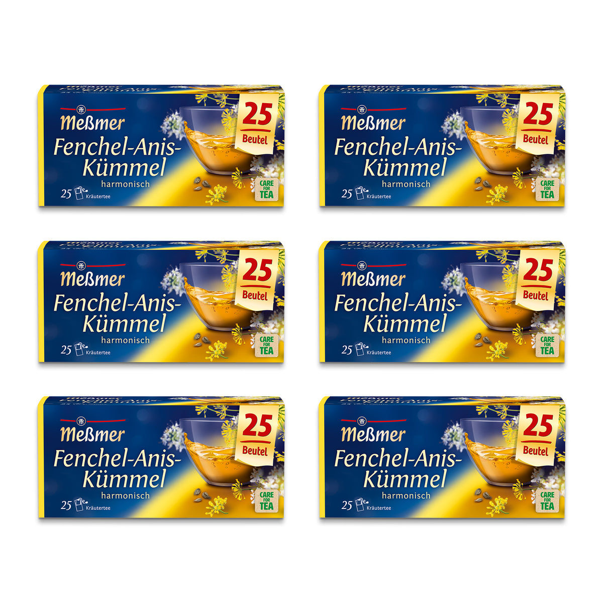 Sechs Packungen Meßmer Fenchel-Anis-Kümmel Tee mit jeweils 25 Teebeuteln auf weißem Hintergrund