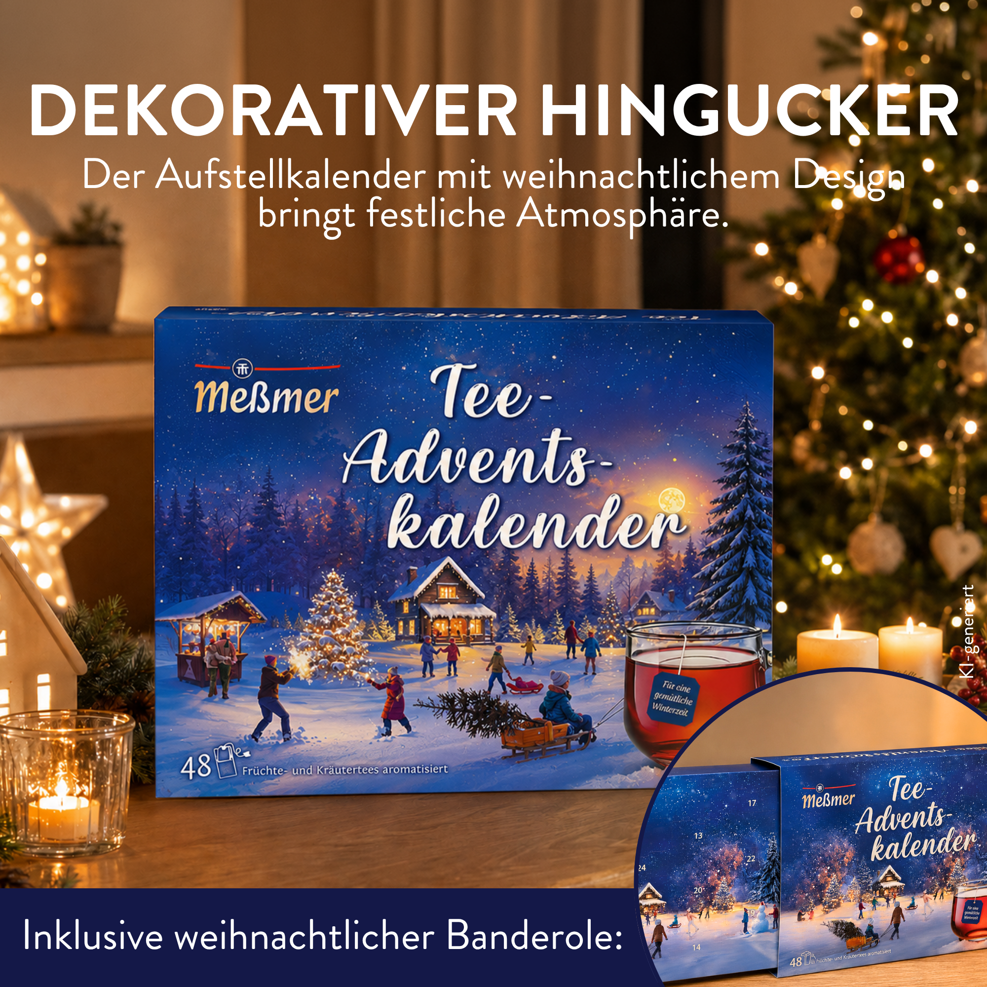 Meßmer Tee-Adventskalender mit weihnachtlichem Design als dekorativer Aufstellkalender neben Kerzen, Tasse Tee und Weihnachtsbaum.