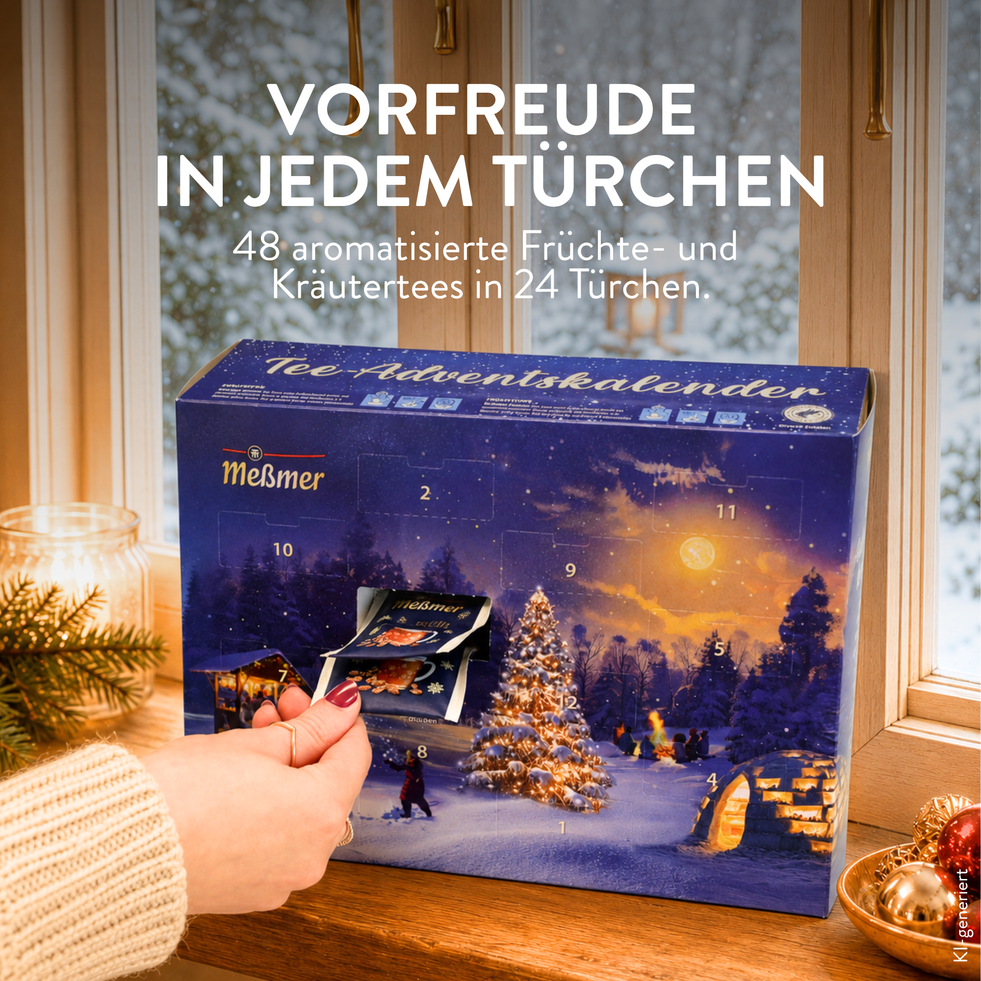 Meßmer Tee-Adventskalender am winterlichen Fenster mit geöffnetem Türchen und Teebeutel, 48 Früchte- und Kräutertees in 24 Türchen.