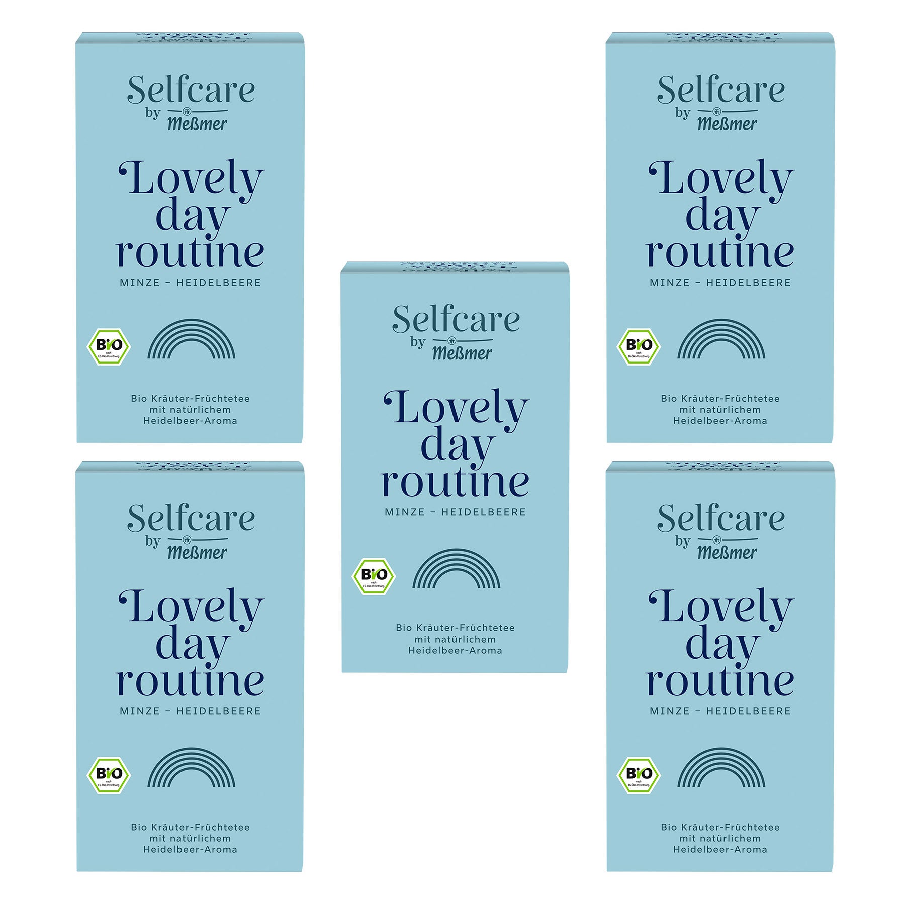 Mehrere Packungen Bio Lovely day routine mit Minze und Heidelbeer-Aroma, hellblaue Verpackungen mit Bio-Siegel, Kräuter- und Früchtetee für einen erfrischenden Tagesstart.