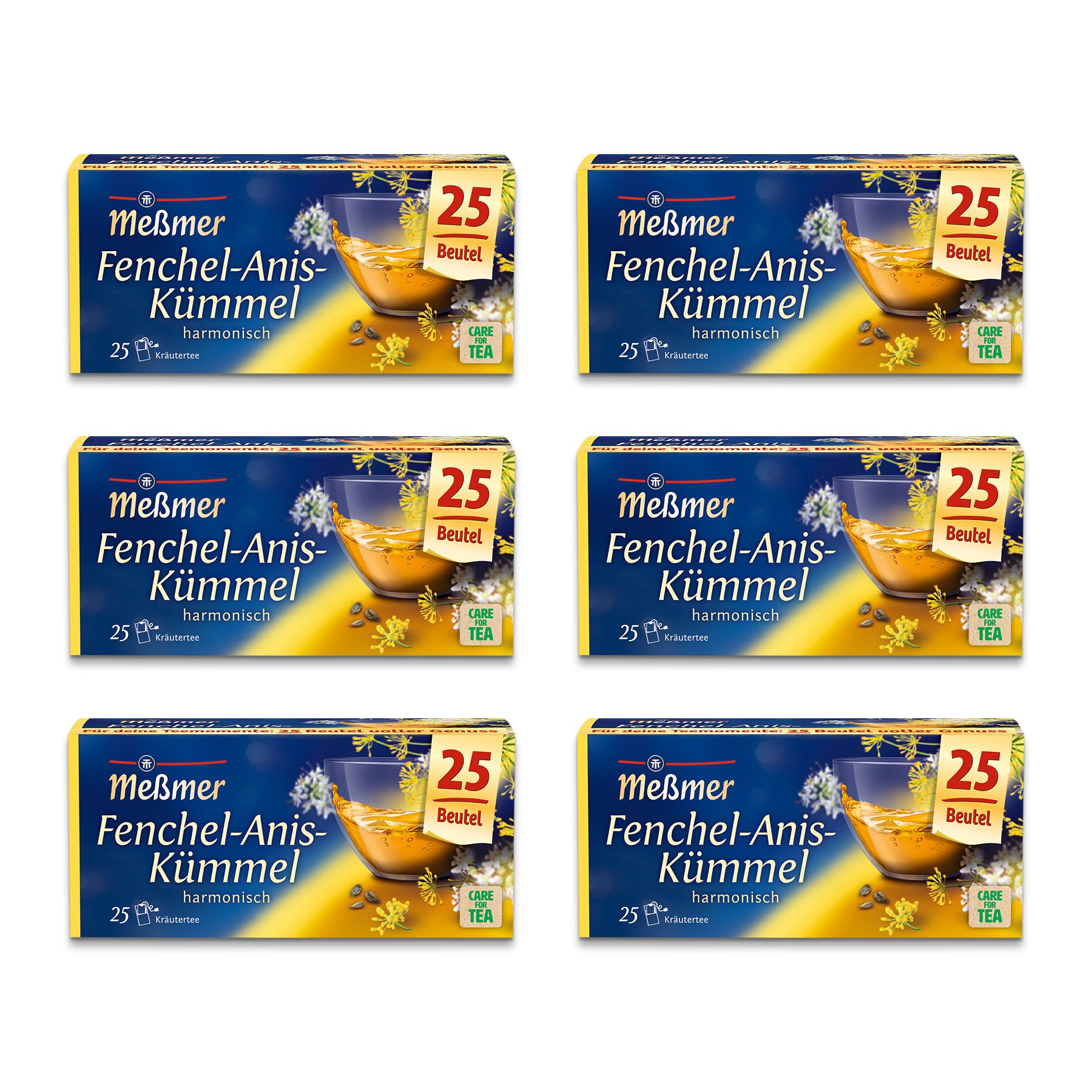 Sechs Schachteln mit Meßmer Fenchel-Anis-Kümmel-Tee sind in zwei Reihen angeordnet. Jede blau-gelbe Schachtel enthält 25 Teebeutel und zeigt auf der Verpackung eine Teetasse und verschiedene Kräuter.