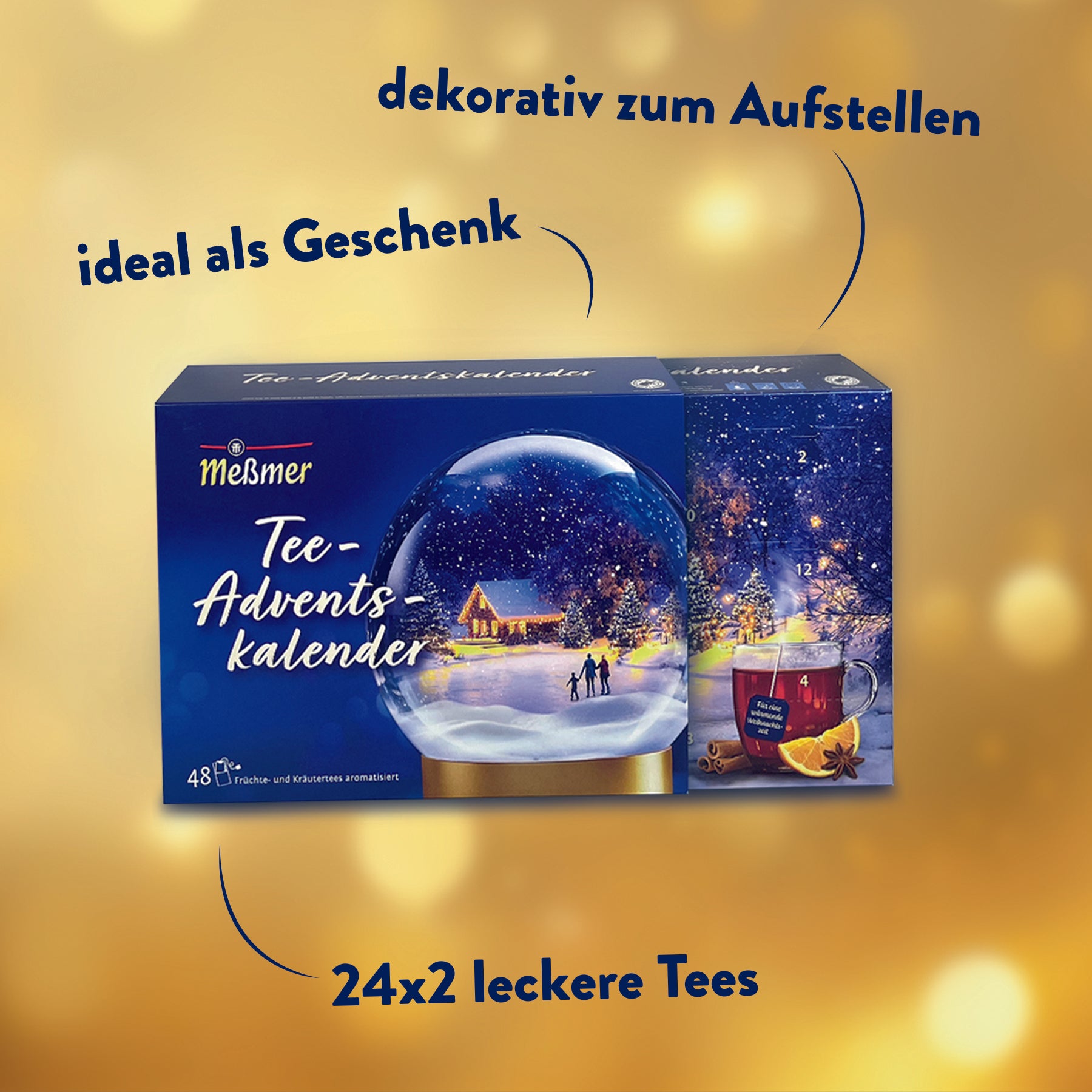 Eine Schachtel Meßmer Tee-Adventskalender ist vor einem gelben Hintergrund abgebildet. Die Verpackung zeigt ein verschneites Dorf in einer Schneekugel und hebt 24x2 Tees hervor, ideal als Geschenk und dekorativ für die Auslage.